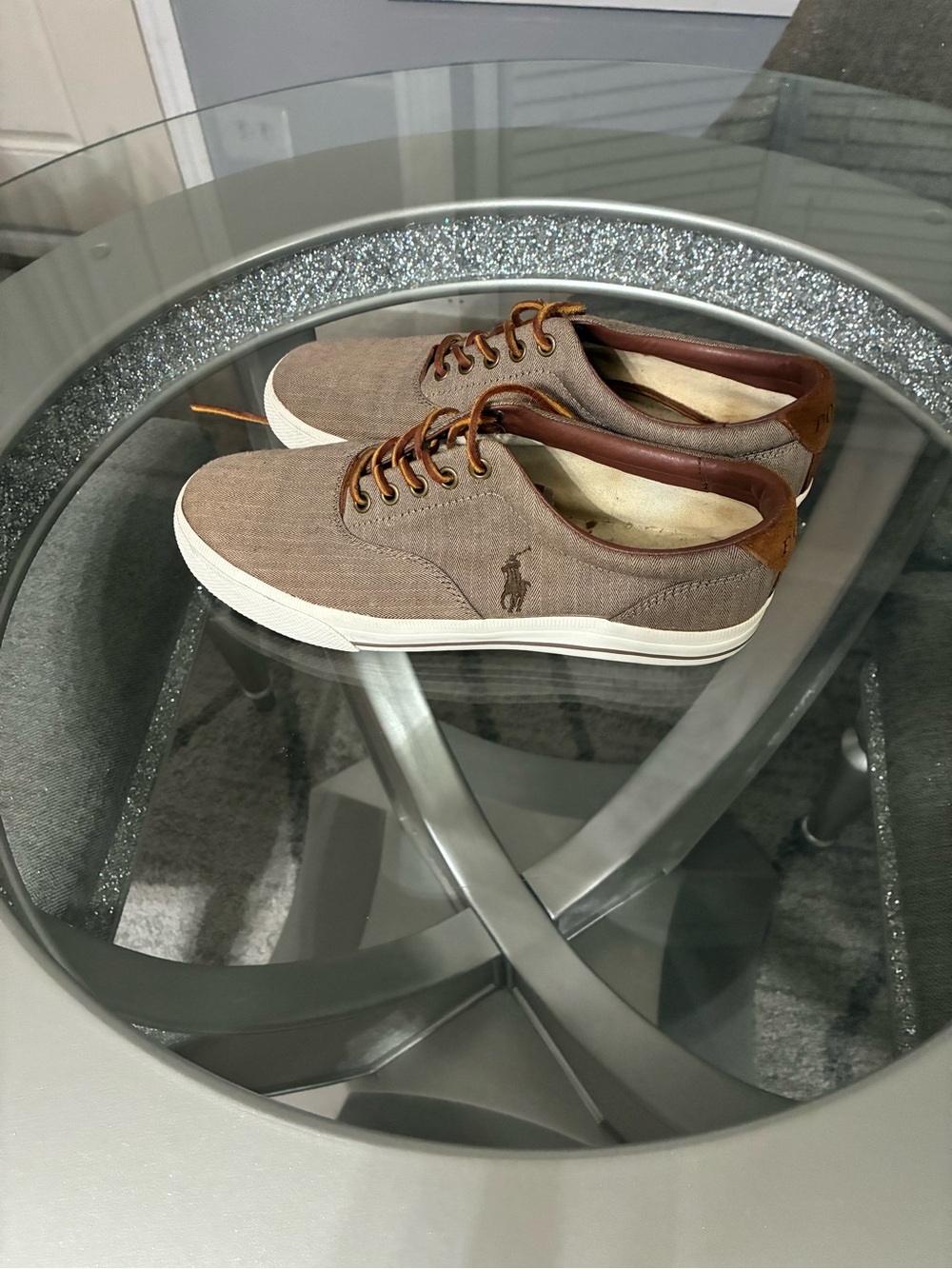 Polo by Ralph Lauren Men's Taupe Canvas Low-Top Sneakers with Brown Trim